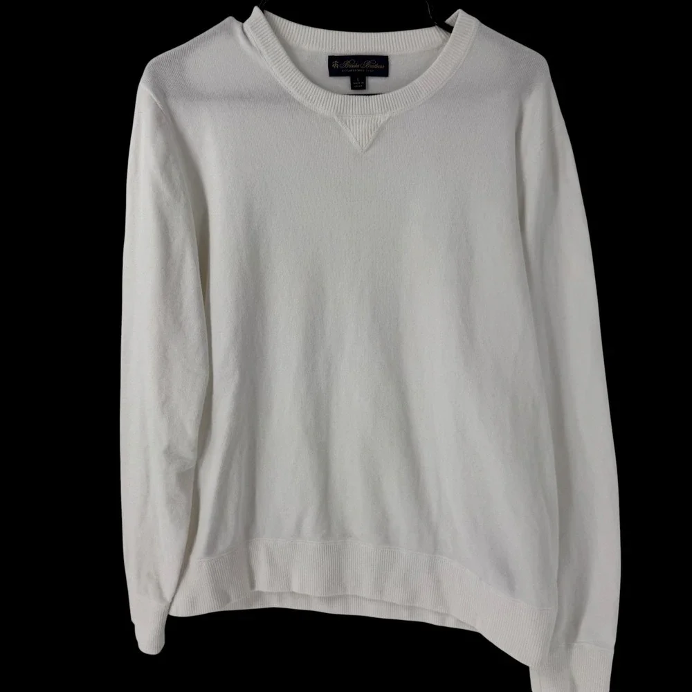 Brooks Brothers Mens White Cotton Crewneck Sweater V-Stitch Ribbed Trim Large